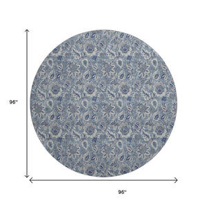 HomeRoots 8' Blue and Gray Floral Round Rug - Washable, UV Protected, Stain-Resistant for Family Spaces 655033