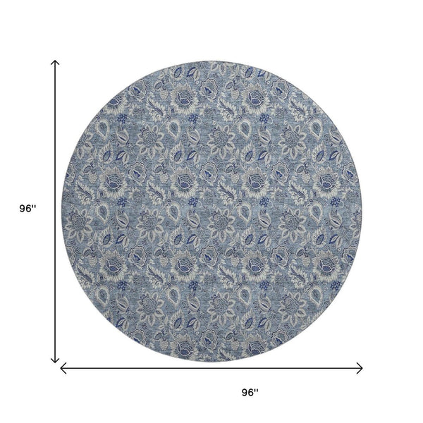 HomeRoots 8' Blue and Gray Floral Round Rug - Washable, UV Protected, Stain-Resistant for Family Spaces 655033