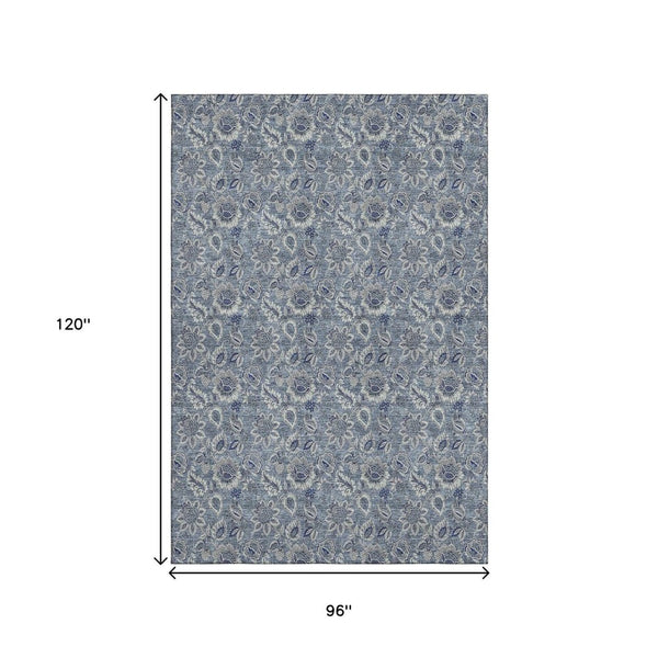 HomeRoots 8' X 10' Blue and Gray Floral Area Rug – Washable, Stain Resistant & UV Protected for Everyday Elegance 655034