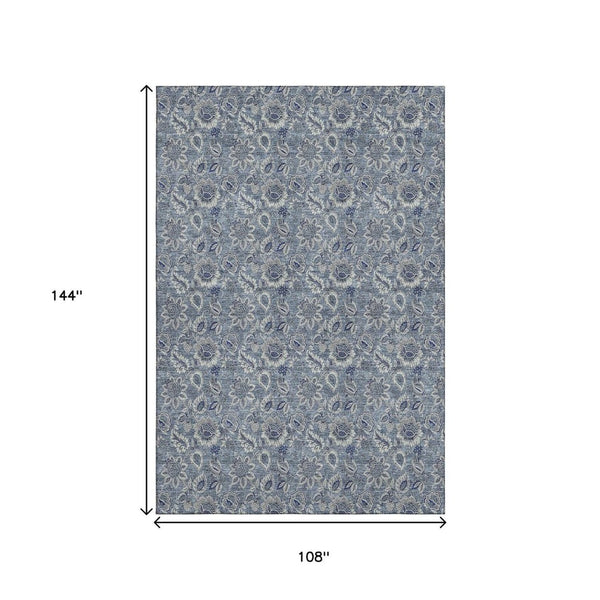 HomeRoots 9' X 12' Blue and Gray Floral Area Rug - Washable, UV Protected, Durable for High-Traffic Spaces 655035