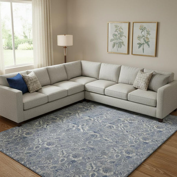 HomeRoots 9' X 12' Blue and Gray Floral Area Rug - Washable, UV Protected, Durable for High-Traffic Spaces 655035