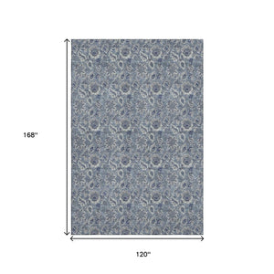 HomeRoots 10' Blue and Gray Floral Area Rug - Washable, UV-Protected, Stain-Resistant for High-Traffic Spaces 655036