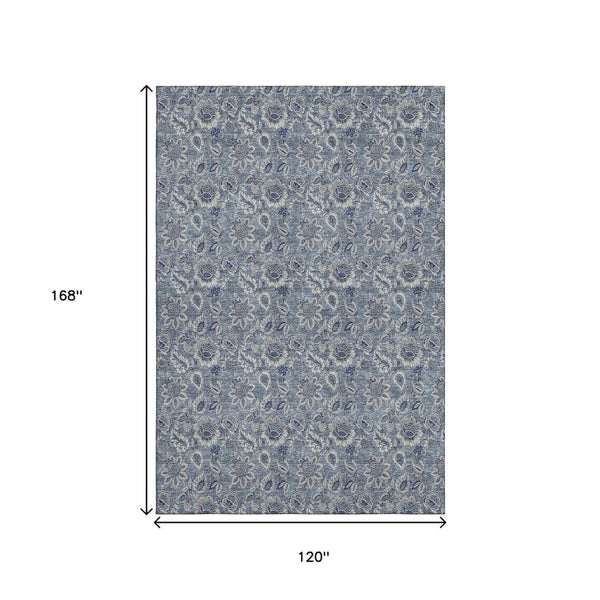HomeRoots 10' Blue and Gray Floral Area Rug - Washable, UV-Protected, Stain-Resistant for High-Traffic Spaces 655036