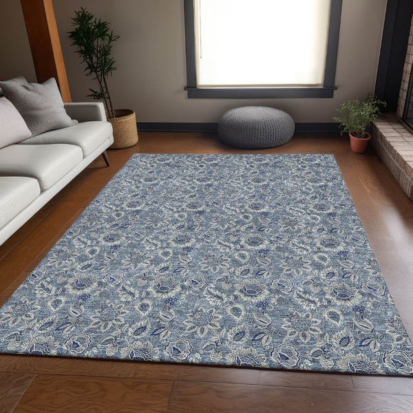 HomeRoots 10' Blue and Gray Floral Area Rug - Washable, UV-Protected, Stain-Resistant for High-Traffic Spaces 655036