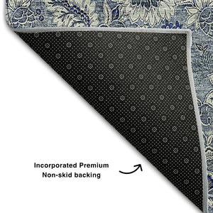 HomeRoots 10' Blue and Gray Floral Area Rug - Washable, UV-Protected, Stain-Resistant for High-Traffic Spaces 655036