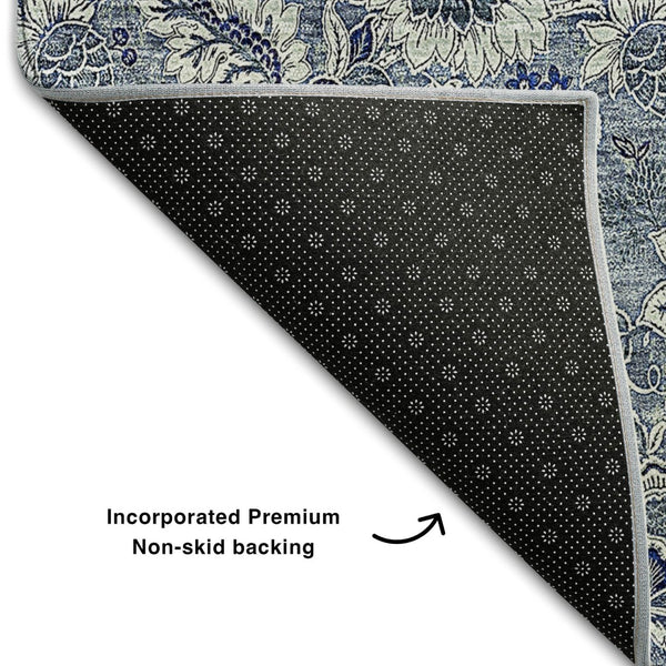 HomeRoots 10' Blue and Gray Floral Area Rug - Washable, UV-Protected, Stain-Resistant for High-Traffic Spaces 655036