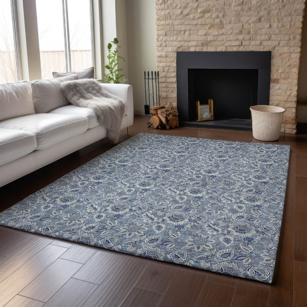 HomeRoots 10' Blue and Gray Floral Area Rug - Washable, UV-Protected, Stain-Resistant for High-Traffic Spaces 655036