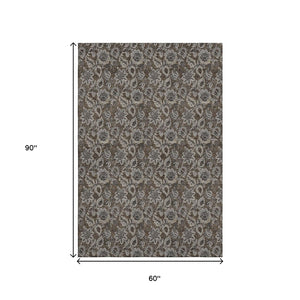 HomeRoots 5' X 8' Chocolate and Gray Floral Area Rug - Soft, Durable, Washable with UV Protection for Homes 655038