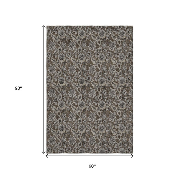 HomeRoots 5' X 8' Chocolate and Gray Floral Area Rug - Soft, Durable, Washable with UV Protection for Homes 655038