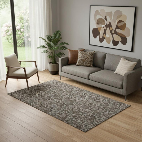 HomeRoots 5' X 8' Chocolate and Gray Floral Area Rug - Soft, Durable, Washable with UV Protection for Homes 655038