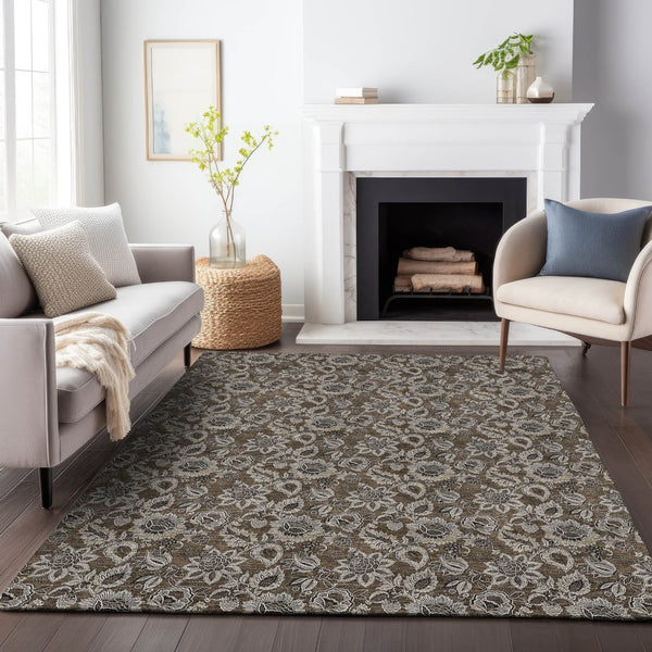 HomeRoots 5' X 8' Chocolate and Gray Floral Area Rug - Soft, Durable, Washable with UV Protection for Homes 655038