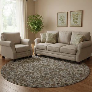 HomeRoots 8' Chocolate and Gray Floral Round Rug - Washable, UV Protected, Perfect for High-Traffic Areas! 655039
