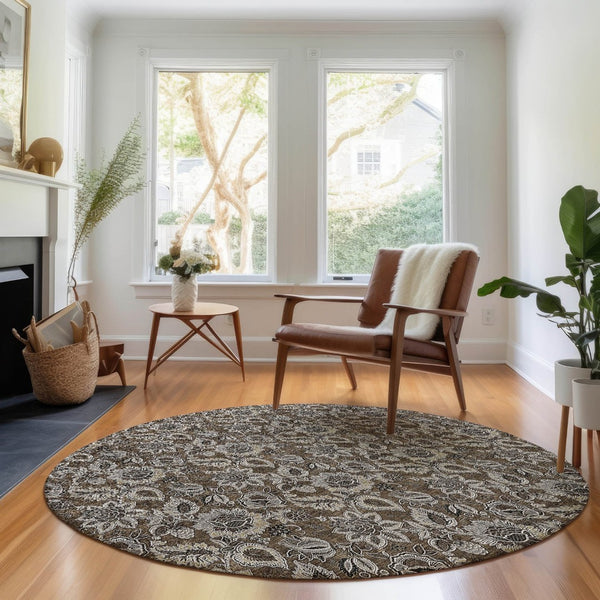 HomeRoots 8' Chocolate and Gray Floral Round Rug - Washable, UV Protected, Perfect for High-Traffic Areas! 655039