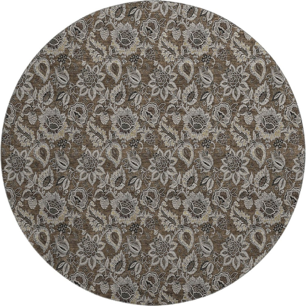 HomeRoots 8' Chocolate and Gray Floral Round Rug - Washable, UV Protected, Perfect for High-Traffic Areas! 655039