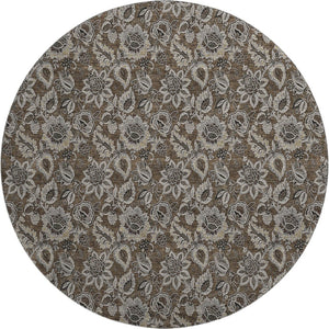 HomeRoots 8' Chocolate and Gray Floral Round Rug - Washable, UV Protected, Perfect for High-Traffic Areas! 655039