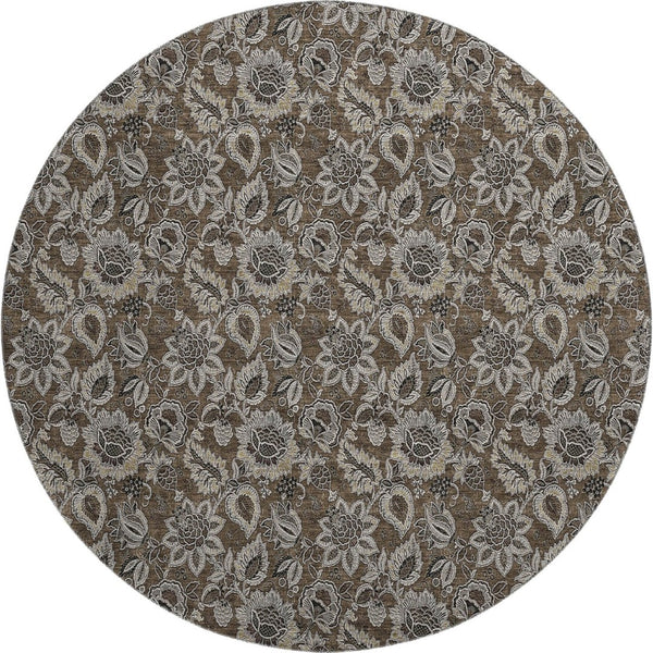 HomeRoots 8' Chocolate and Gray Floral Round Rug - Washable, UV Protected, Perfect for High-Traffic Areas! 655039
