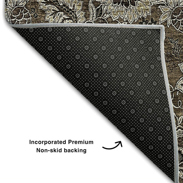 HomeRoots 8' Chocolate and Gray Floral Round Rug - Washable, UV Protected, Perfect for High-Traffic Areas! 655039
