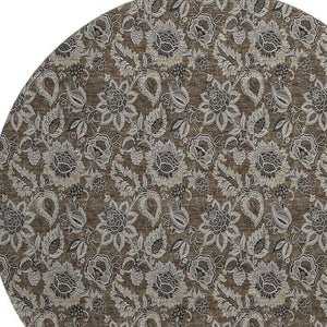 HomeRoots 8' Chocolate and Gray Floral Round Rug - Washable, UV Protected, Perfect for High-Traffic Areas! 655039