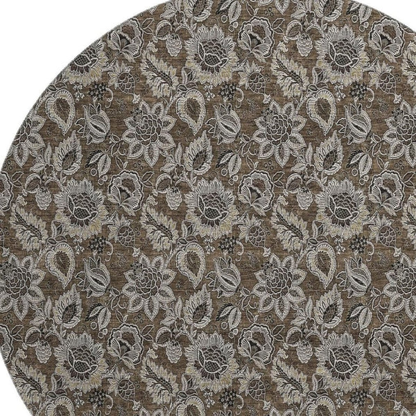 HomeRoots 8' Chocolate and Gray Floral Round Rug - Washable, UV Protected, Perfect for High-Traffic Areas! 655039