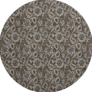 HomeRoots 8' Chocolate and Gray Floral Round Rug - Washable, UV Protected, Perfect for High-Traffic Areas! 655039