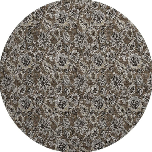 HomeRoots 8' Chocolate and Gray Floral Round Rug - Washable, UV Protected, Perfect for High-Traffic Areas! 655039