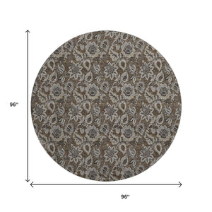 HomeRoots 8' Chocolate and Gray Floral Round Rug - Washable, UV Protected, Perfect for High-Traffic Areas! 655039