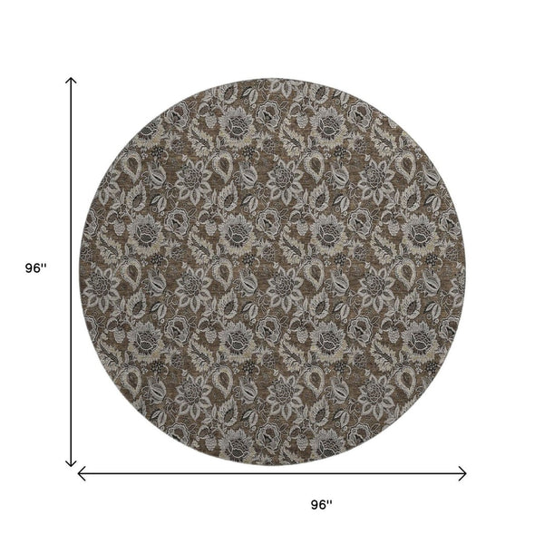 HomeRoots 8' Chocolate and Gray Floral Round Rug - Washable, UV Protected, Perfect for High-Traffic Areas! 655039
