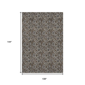HomeRoots 9' X 12' Washable Floral Area Rug in Chocolate & Gray – UV Protected, Durable, Family-Friendly Design 655041