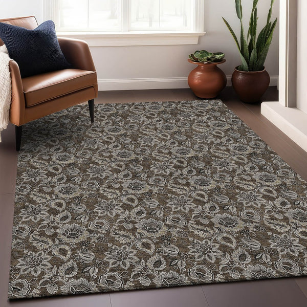 HomeRoots 9' X 12' Washable Floral Area Rug in Chocolate & Gray – UV Protected, Durable, Family-Friendly Design 655041