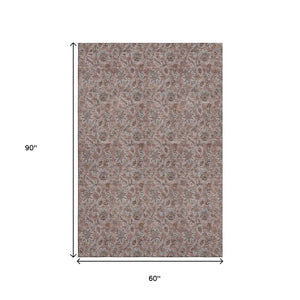 HomeRoots 5' X 8' Copper & Gray Floral Area Rug - Washable, Stain-Resistant, UV-Protected, Durable Style 655044