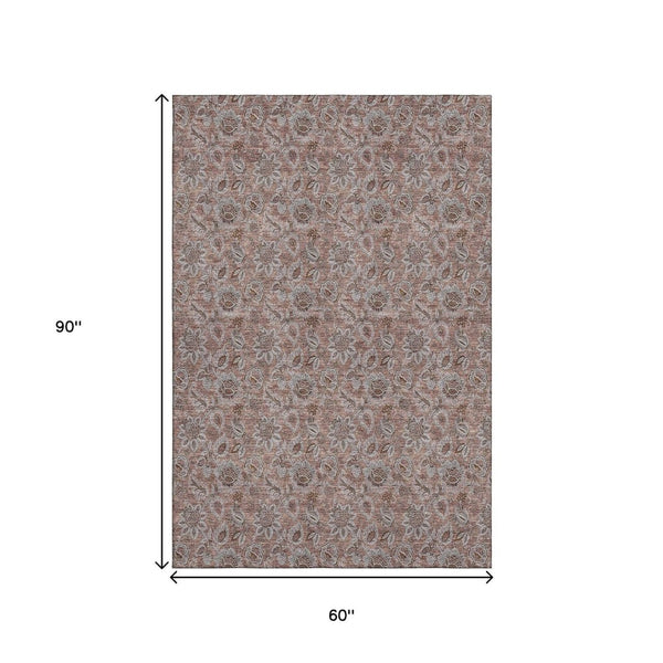 HomeRoots 5' X 8' Copper & Gray Floral Area Rug - Washable, Stain-Resistant, UV-Protected, Durable Style 655044