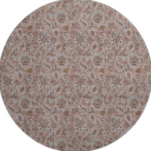 HomeRoots 8' Copper and Gray Floral Round Area Rug - Washable, UV Protected, Durable for High-Traffic Homes 655045