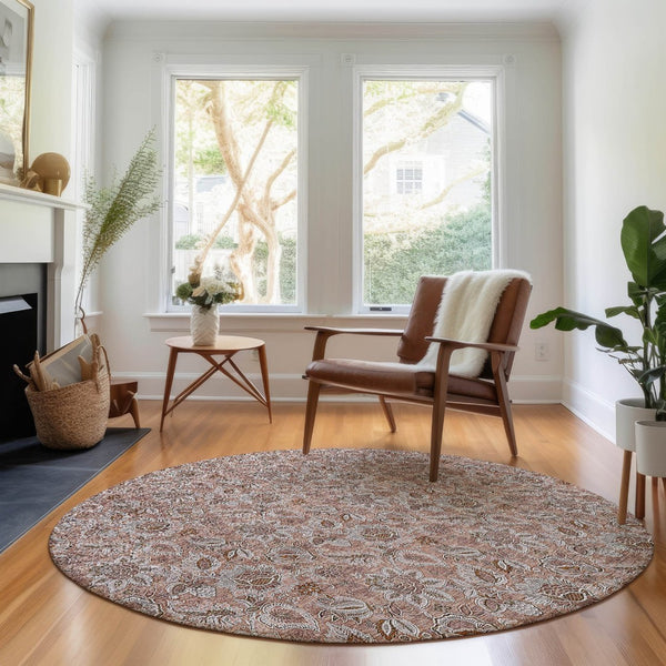 HomeRoots 8' Copper and Gray Floral Round Area Rug - Washable, UV Protected, Durable for High-Traffic Homes 655045