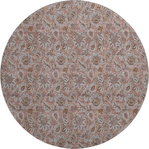 HomeRoots 8' Copper and Gray Floral Round Area Rug - Washable, UV Protected, Durable for High-Traffic Homes 655045