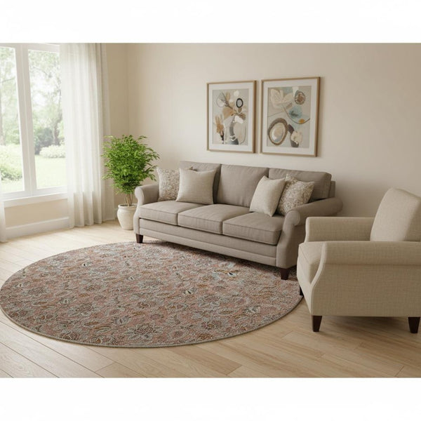HomeRoots 8' Copper and Gray Floral Round Area Rug - Washable, UV Protected, Durable for High-Traffic Homes 655045