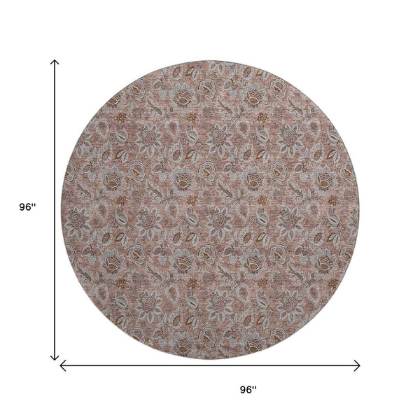 HomeRoots 8' Copper and Gray Floral Round Area Rug - Washable, UV Protected, Durable for High-Traffic Homes 655045