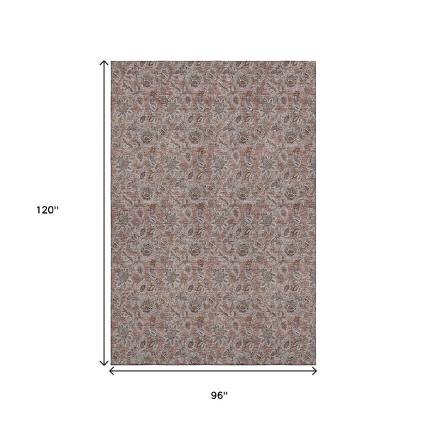HomeRoots 8' X 10' Copper and Gray Floral Area Rug – Washable, UV Protected, Durable for High-Traffic Spaces 655046