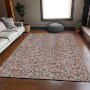 HomeRoots 8' X 10' Copper and Gray Floral Area Rug – Washable, UV Protected, Durable for High-Traffic Spaces 655046