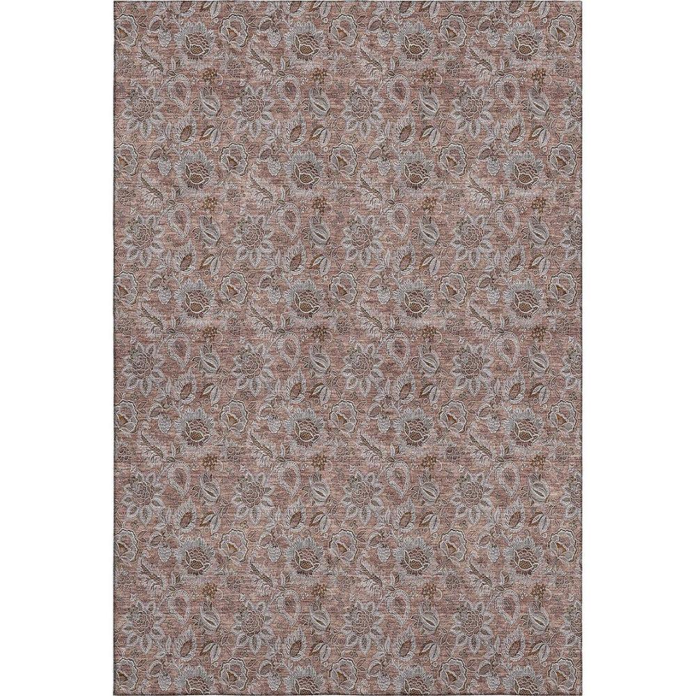 HomeRoots 8' X 10' Copper and Gray Floral Area Rug – Washable, UV Protected, Durable for High-Traffic Spaces 655046