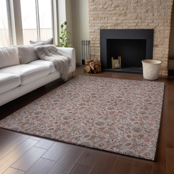 HomeRoots 8' X 10' Copper and Gray Floral Area Rug – Washable, UV Protected, Durable for High-Traffic Spaces 655046