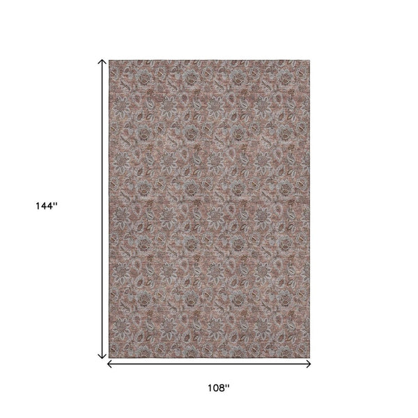 HomeRoots 9' X 12' Copper Floral Area Rug - Washable, UV Protected, Stain Resistant for Living & Dining Spaces 655047