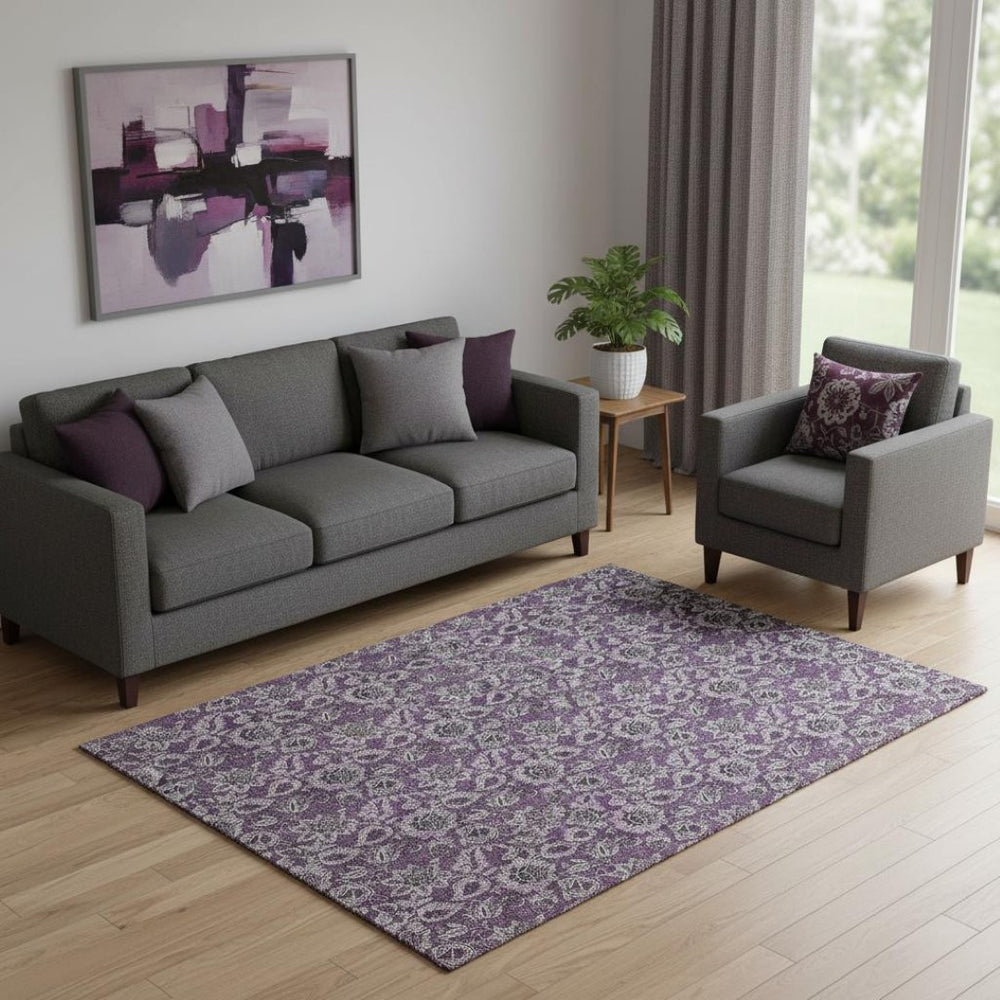HomeRoots 5' X 8' Eggplant & Gray Floral Washable Area Rug - Stylish UV Protected, Stain Resistant for Any Room 655050