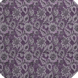 HomeRoots 8' Elegant Eggplant and Gray Floral Washable Round Rug with UV Protection for Homes & Patios 655051