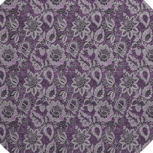 HomeRoots 8' Elegant Eggplant and Gray Floral Washable Round Rug with UV Protection for Homes & Patios 655051