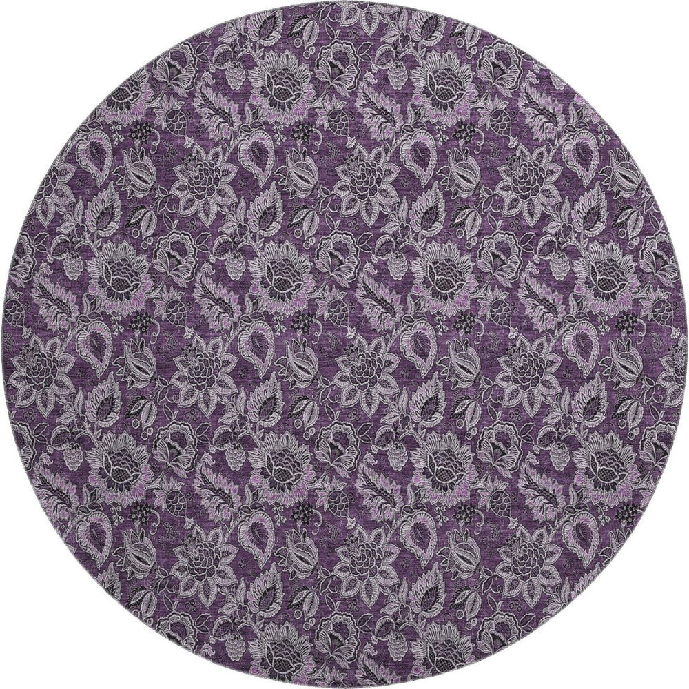 HomeRoots 8' Elegant Eggplant and Gray Floral Washable Round Rug with UV Protection for Homes & Patios 655051