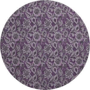 HomeRoots 8' Elegant Eggplant and Gray Floral Washable Round Rug with UV Protection for Homes & Patios 655051