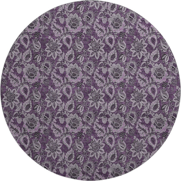 HomeRoots 8' Elegant Eggplant and Gray Floral Washable Round Rug with UV Protection for Homes & Patios 655051