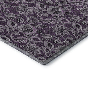 HomeRoots 8' Elegant Eggplant and Gray Floral Washable Round Rug with UV Protection for Homes & Patios 655051