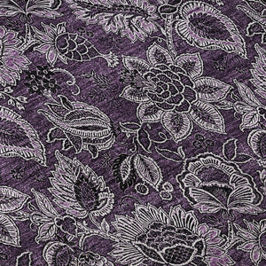 HomeRoots 8' Elegant Eggplant and Gray Floral Washable Round Rug with UV Protection for Homes & Patios 655051