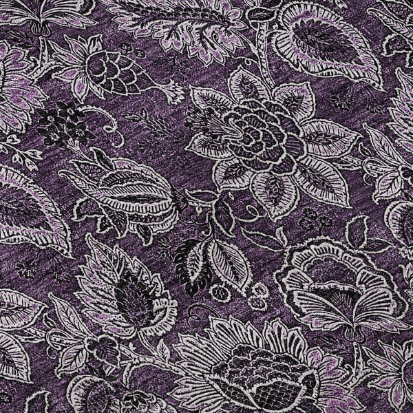 HomeRoots 8' Elegant Eggplant and Gray Floral Washable Round Rug with UV Protection for Homes & Patios 655051